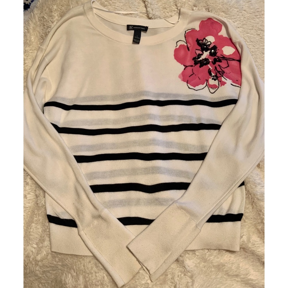 I•N•C Black/White Striped Long Sleeve Sweater - L